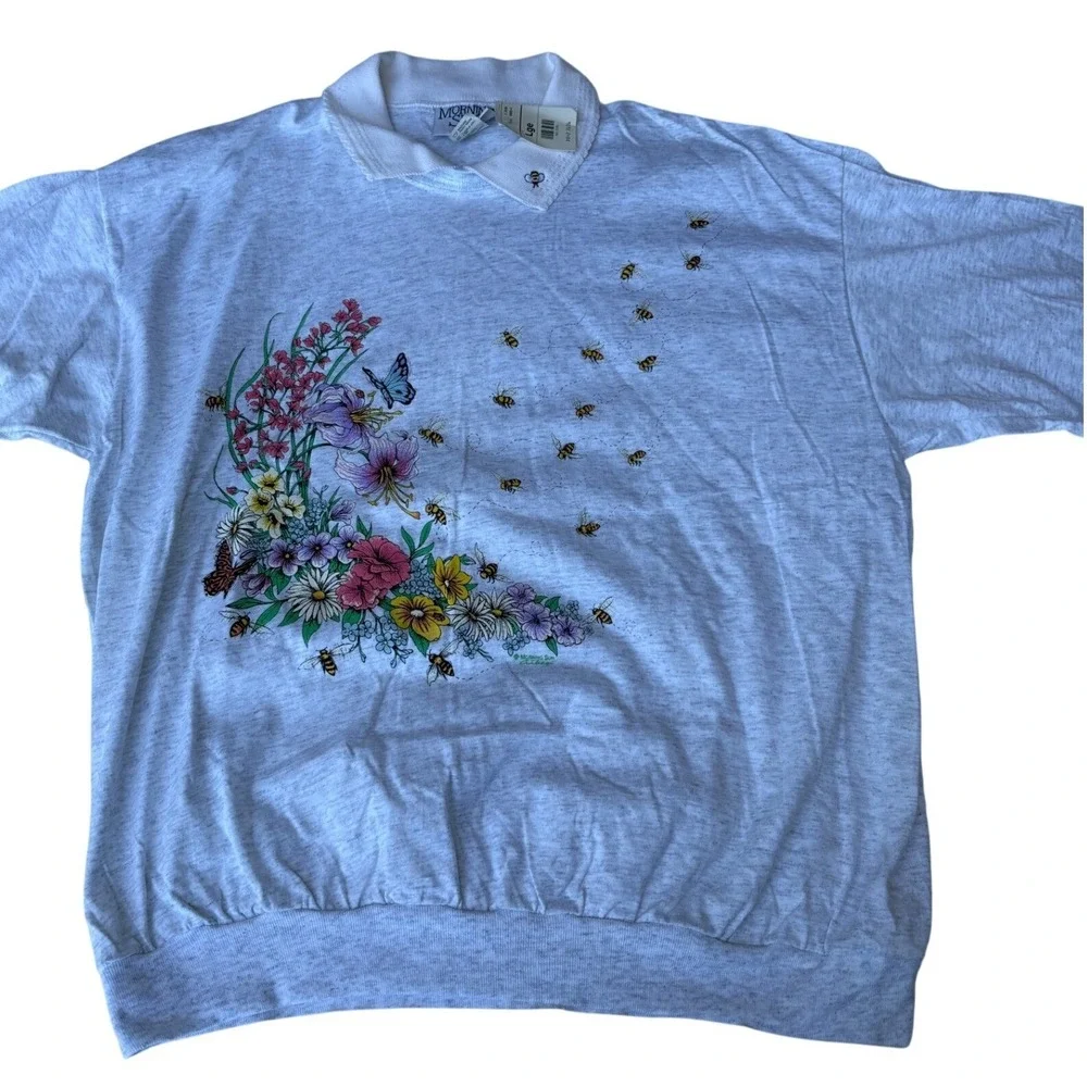 Vintage 90s Morning Sun Floral Bee Sweatshirt Womens L Cottagecore USA NWT